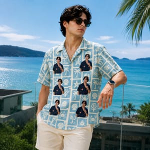 Custom Photo Ocean Shirt, Seashell Starfish Palm Print - Personalized Portrait Hawaiian Shirt