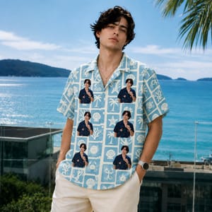 Custom Photo Ocean Shirt, Seashell Starfish Palm Print - Personalized Portrait Hawaiian Shirt