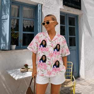 Custom Photo Name Hawaiian Shirt, Personalized Pink Lily Aloha Shirt, Floral Portrait Shirt, Family Friends Gift, Custom Vacation Button Up
