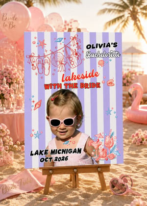 Custom Welcome Board Sign, Lakeside With The Bride Striped Party Sign, Personalized Face Bachelorette Backdrop, Lake House Decor