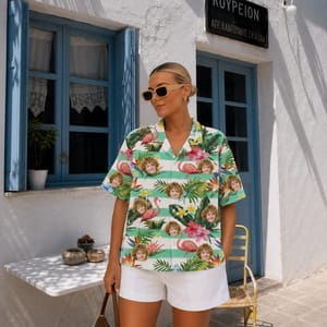 Custom Face Hawaiian Shirt, Personalized Flamingo Aloha Shirt, Tropical Photo Shirt, Family Friends Vacation Gift, Custom Portrait Beach Button Up