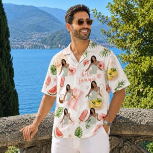 Hello Summer Beach Shirt -  Personalized Summer Hawaiian Shirt, Custom Photo Tropical Shirt