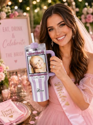 Personalized Striped "Look Who's Getting Married!" 40oz Tumbler, Custom Photo Wedding & Bachelorette Travel Tumbler