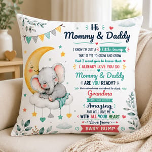 Hi Mommy & Daddy, Little Elephant And Leaves Design, Pillow, Gift For Expecting Parents
