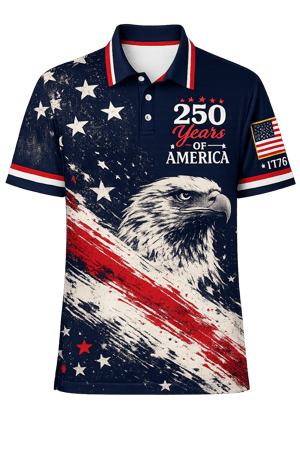 250 Years of America Golf Polo Shirt, Patriotic USA Flag Eagle Polo, 4th of July AOP Golf Shirt