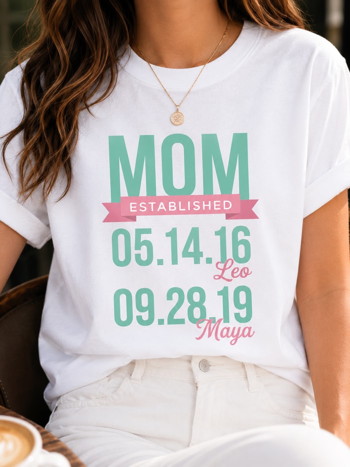 Personalized Mom Established Custom Kids Birth Dates T-Shirt