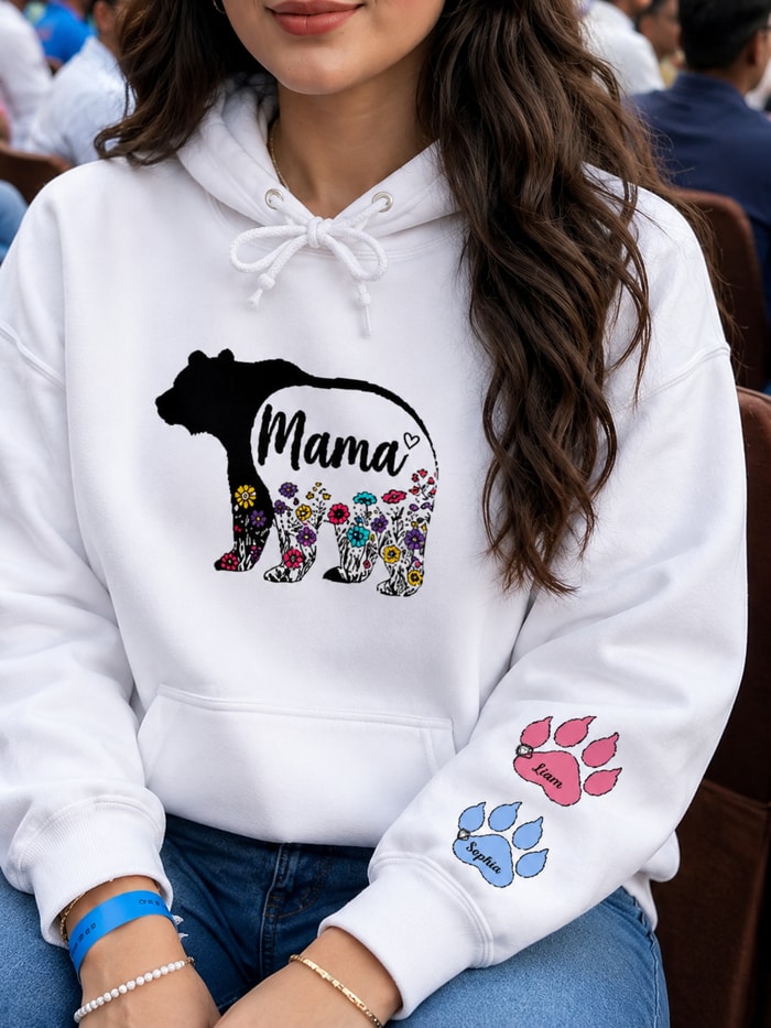 Mama Bear Hoodie, Personalized Mom Gift With Kids Names, Floral Bear Hoodie For Mother, Mother'S Birthday Gift Hoodie