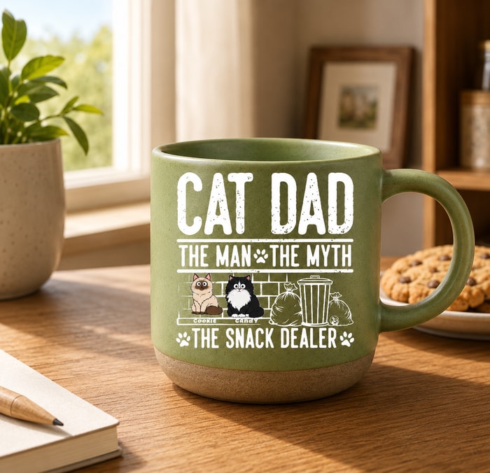 Cat Dad Custom Pottery Mug The Man The Myth The Snack Dealer Personalized Cat Lover Gift