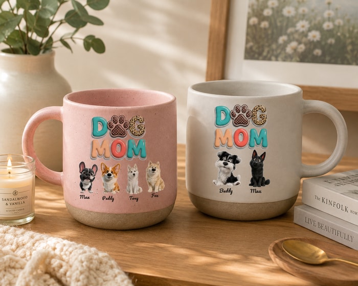 Custom Dog Mom Pottery Mug Personalized Pet Portrait Cup With Dog Names Pet Lover Gift