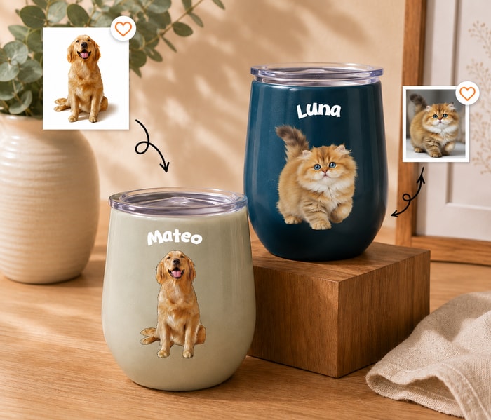 Personalized Custom Pet Photo Tumbler Dog & Cat Portrait With Name Travel Coffee Tumbler