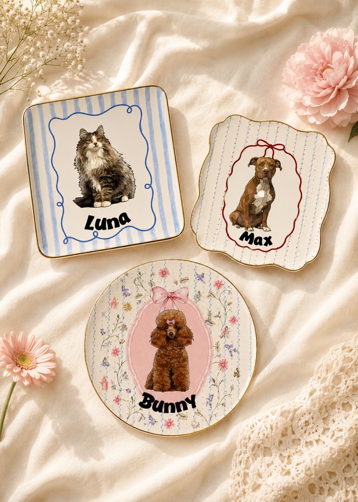 Custom Uploaded Pet Photo Ceramic Jewelry Dish Personalized Pet Portrait Trinket Tray With Name