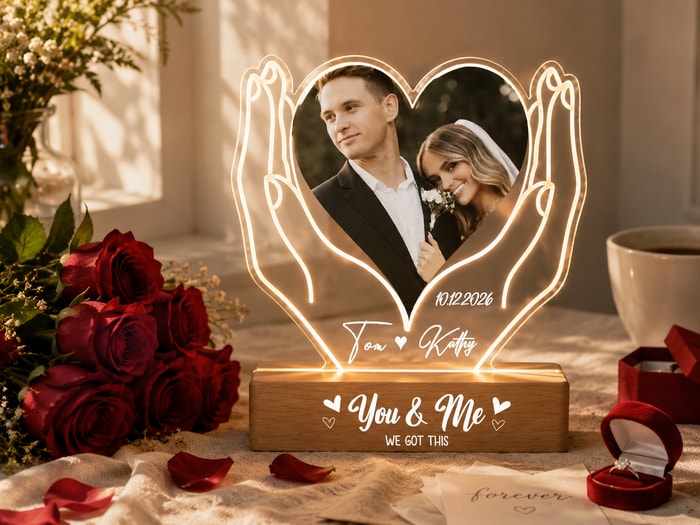 Personalized Heart Photo Lamp, Custom Couple Engagement Wedding Gift