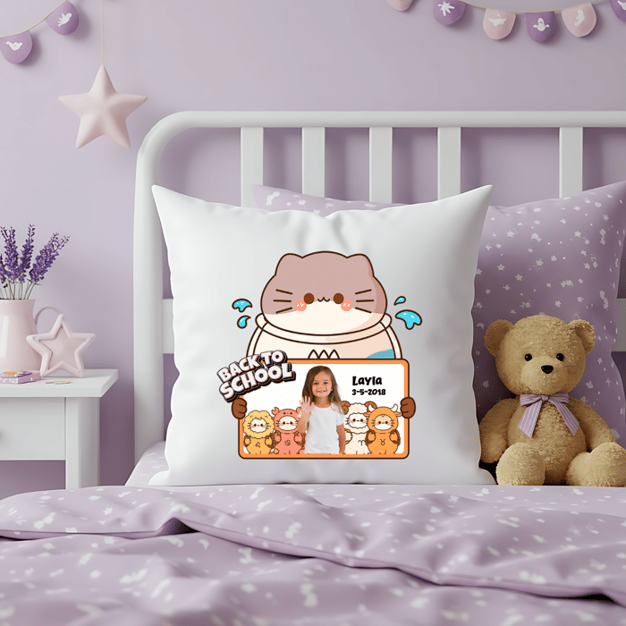 Personalized Back To School Cat Photo Pillow | Custom Kids School Memory Throw Pillow Gift