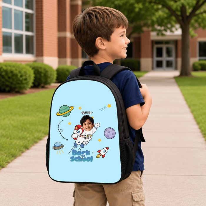 Custom Kids Back To School Astronaut Backpack With Photo & Name | Personalized School Bag Gift