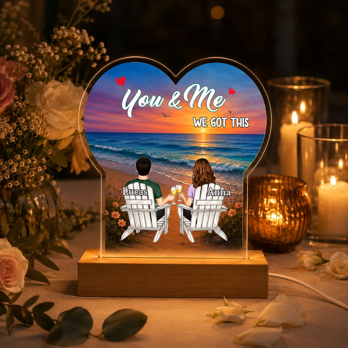 Personalized Couple Names Led Lamp - Romantic Beach Sunset Art, "You & Me We Got This" Or "Till Our Last Breath", Custom Acrylic Night Light Gift For Wedding, Engagement, And Anniversary