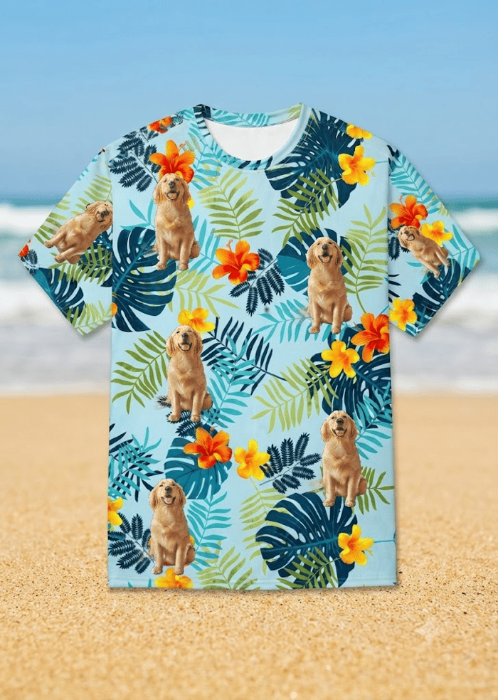 Custom Pet Face T Shirt Personalized Dog Photo Tropical Vacation Shirt