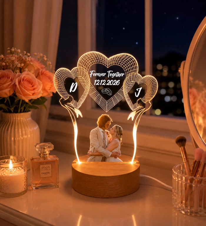 Personalized Wedding Couple 3d Photo Lamp - Custom Heart Balloon Led Night Light, Unique Anniversary & Wedding Gift For Bride And Groom, Romantic Usb Desk Decor