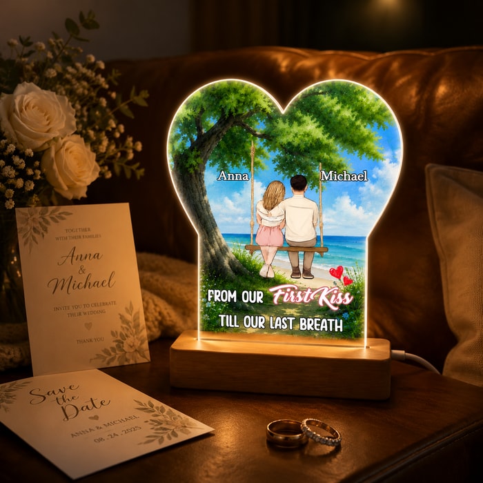 Personalized Wedding Couple Led Heart Lamp - Romantic Seaside Swing Art, Custom Names & Quotes Night Light, Unique Anniversary, Engagement & Wedding Gift For Bride And Groom