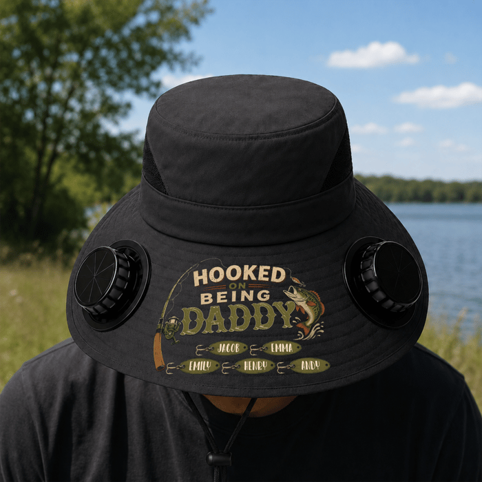 Custom Hat With Fans Solar Power - Personalized Birthday Fishing Gifts For Fisherman, Dad, Grandpa - Hooked On Being Daddy