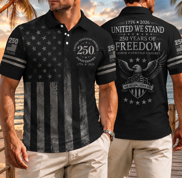 Usa 250th Anniversary Patriotic Golf Polo Shirt, America 250 Years Of Freedom Aop Polo Shirt