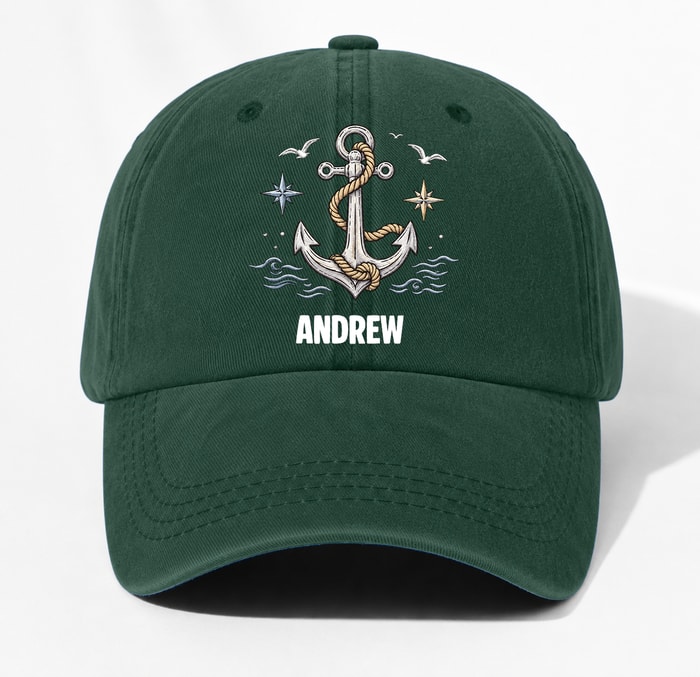 Washed Denim Baseball Cap With Boat Anchor And Nautical Flags - Coastal Style Unique Gift For Sailors And Boat Lovers