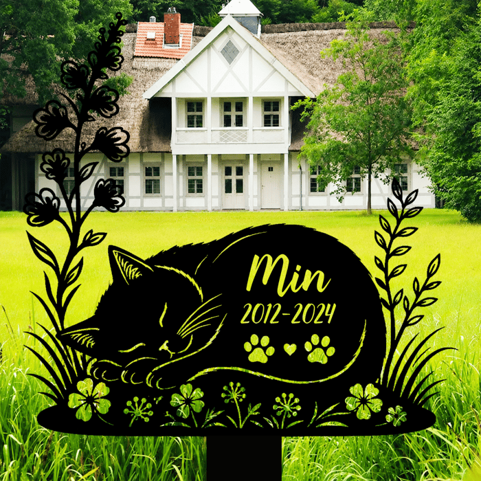 Personalized Metal Cat Grave Marker - Custom Pet Memorial Stake With Flowers 8"