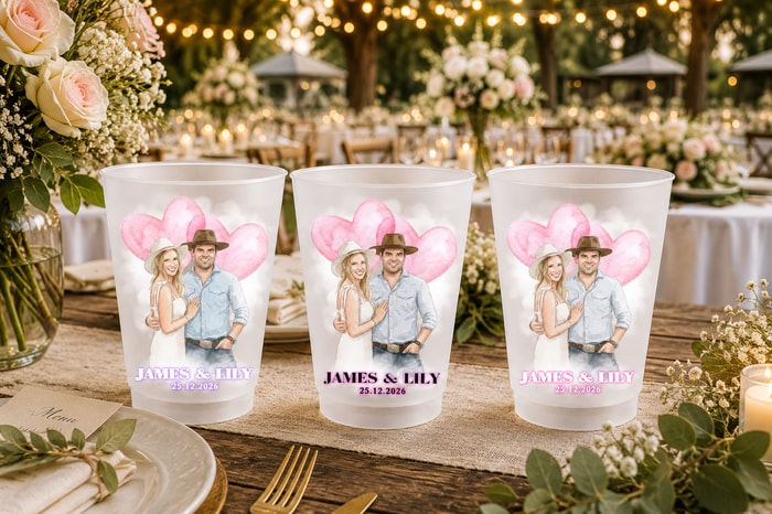 Custom Photo Watercolor Painting Couples Wedding Engaged Bachelor Party - Personalized Frosted Cups