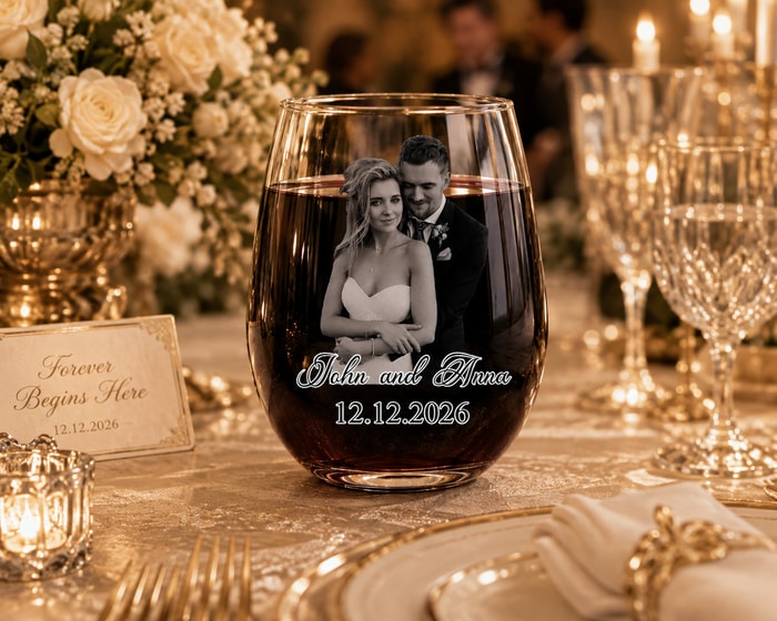 Custom Photo Couples Anniversary - Personalized Stemless Wine Glass