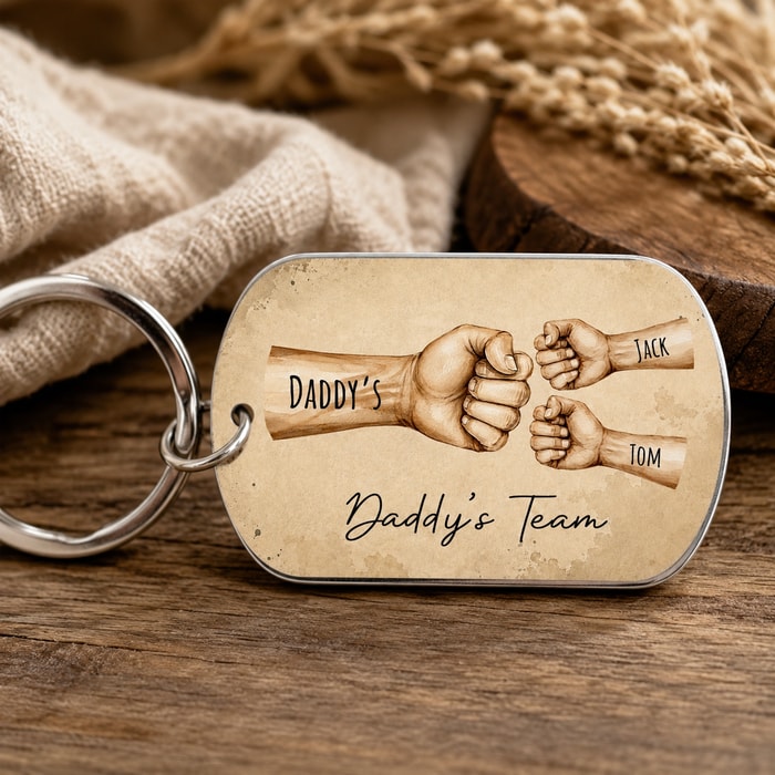 Daddy’S Team Fist Bump - Personalized Stainless Steel Keychain