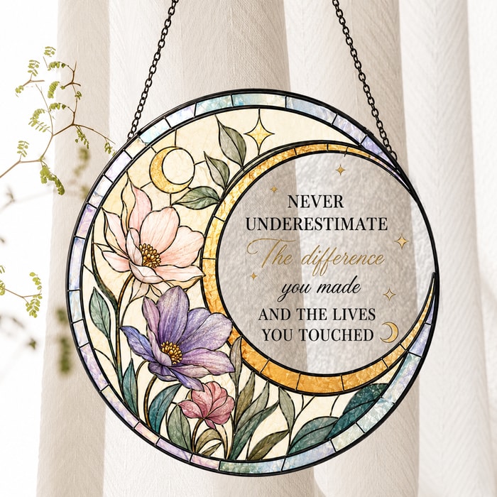 Never Underestimate The Difference You Made - Personalized Stained Glass Window Hanging Suncatcher - Retirement Gift For Colleagues, Mom, Dad, Grandparent