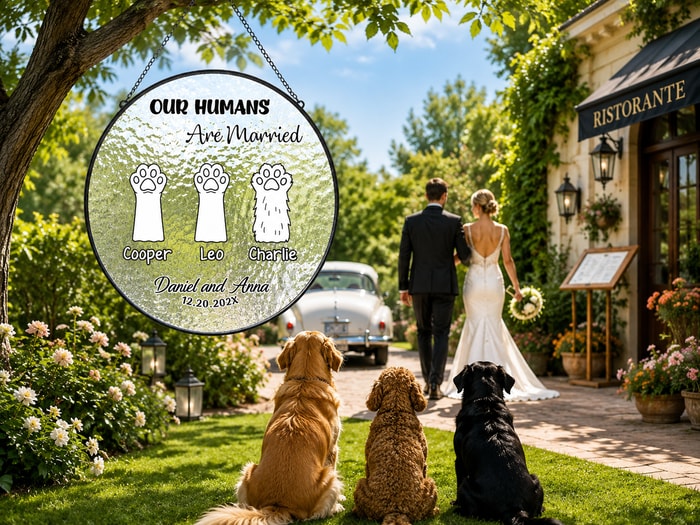 Personalized "Our Humans Are Married" Stained Suncatcher, Custom Pet Paws Window Hanging, Wedding Gift