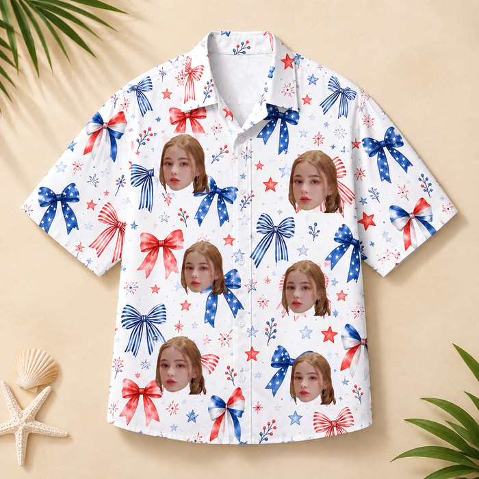 Custom Face Summer Hawaiian Shirt, Personalized Patriotic Photo Shirt, Red White Blue Bow Design, Fourth Of July Vacation Gift