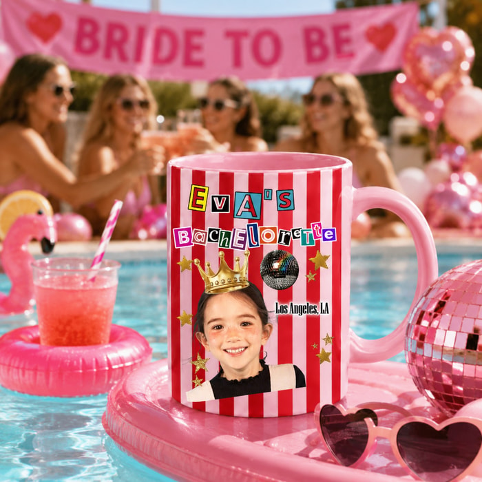Custom Photo Bachelorette Coffee Mug With Chic Stripes, Personalized Bride Name & Location Disco Party Gift, 11oz & 15oz Ceramic Cup