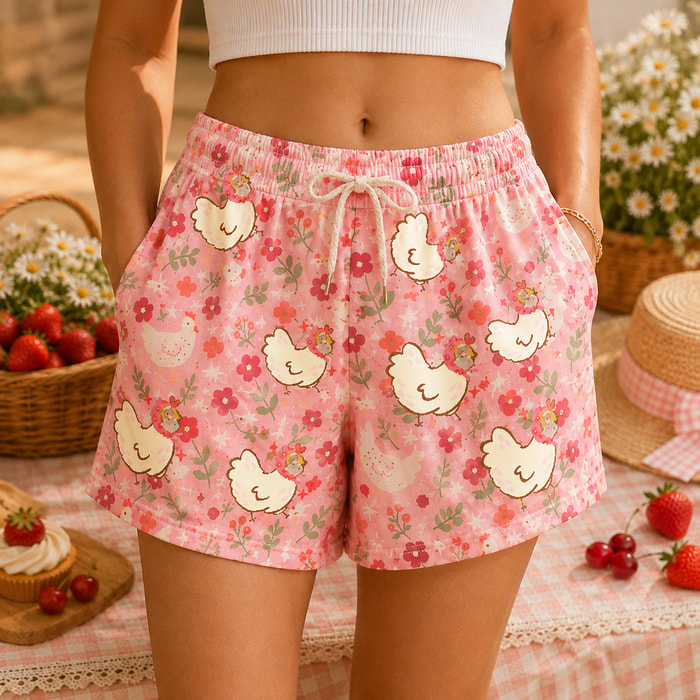 Women'S "Floral Chickens Pink" Casual Lounge Shorts