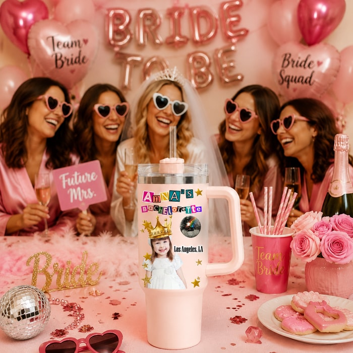 Personalized Ransom Style Bride Bachelorette 40oz Tumbler, Custom Photo & Location Disco Bachelorette Travel Tumbler