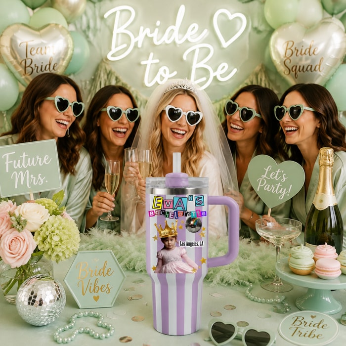 Personalized Striped Ransom Style Bride Era Bachelorette 40oz Tumbler, Custom Photo & Location Disco Bachelorette Travel Tumbler