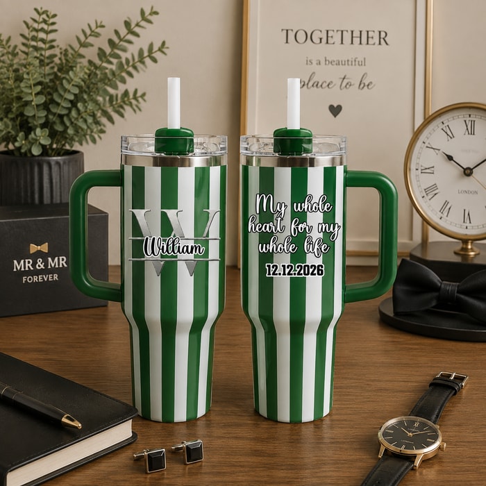 Personalized Striped "My Whole Heart For My Whole Life" & Split Monogram 40oz Tumbler | Custom Groomsmen & Wedding Travel Tumbler