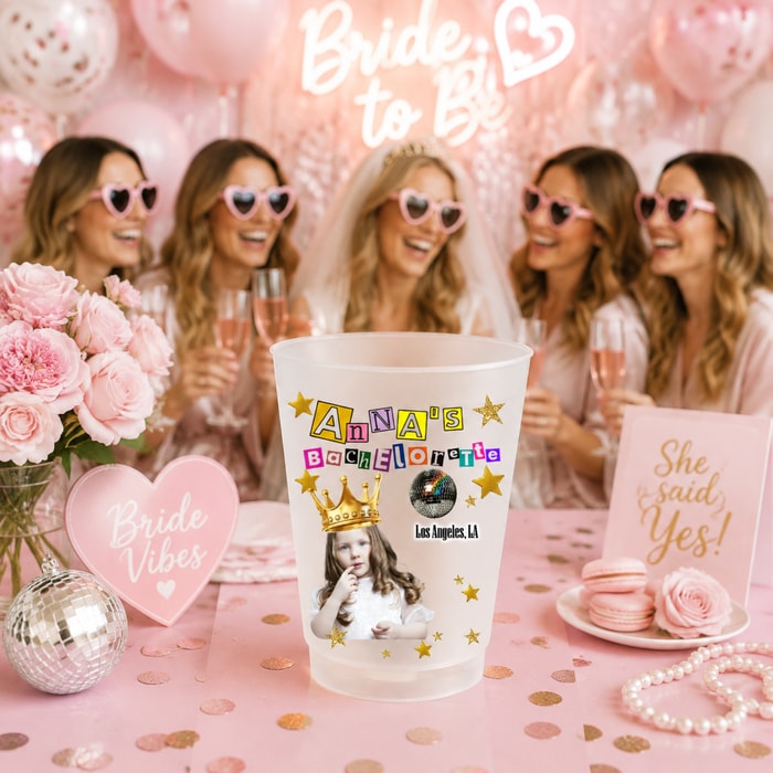 Personalized Ransom Style Bride Era Bachelorette Frosted Cup, Custom Photo & Location Disco Bachelorette Party Cups