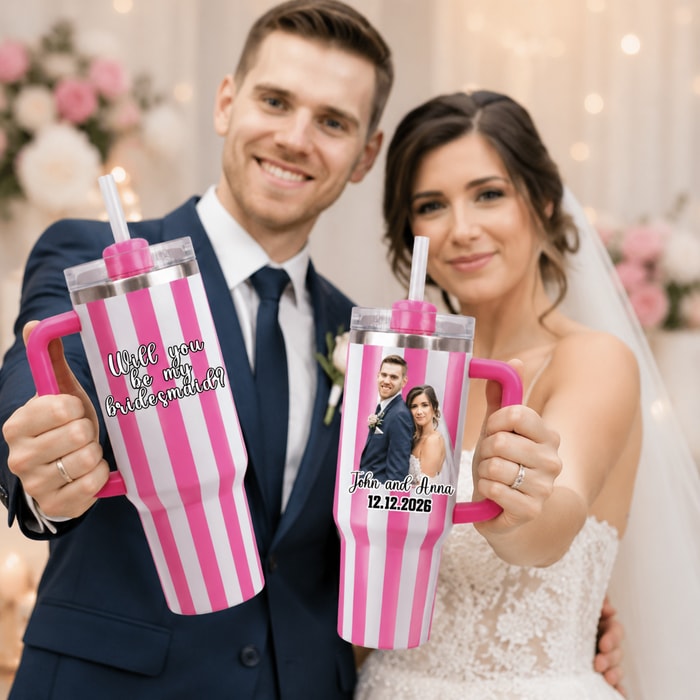 Personalized Striped "Will You Be My Bridesmaid?" & Custom Photo 40oz Tumbler, Bridesmaid Proposal & Wedding Travel Tumbler