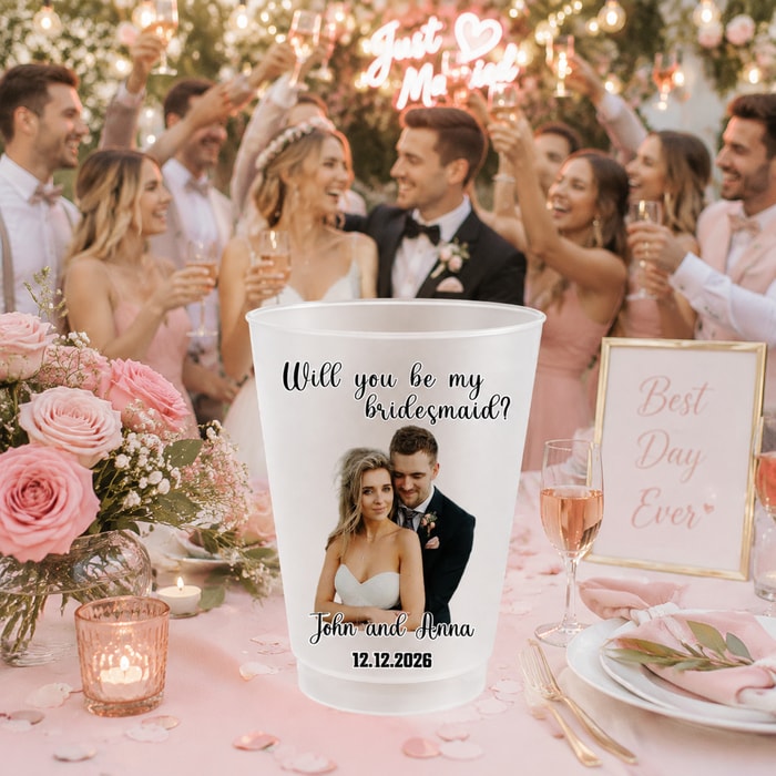 Personalized "Will You Be My Bridesmaid?" & Custom Photo Frosted Cup, Bridesmaid Proposal & Wedding Party Plastic Cup