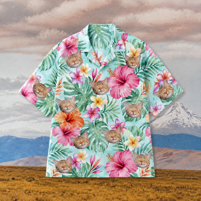 Custom Cat Photo Hawaiian Shirt, Personalized Pet Aloha Shirt, Tropical Floral Cat Portrait Shirt, Animal Lover Gift, Pet Parent Vacation Shirt