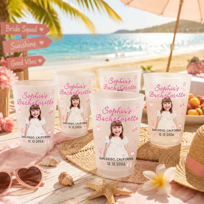 Personalized Bachelorette Party Frosted Cup, Custom Photo & Beach Theme Bachelorette Cup, Coastal Bridal Shower Drinkware