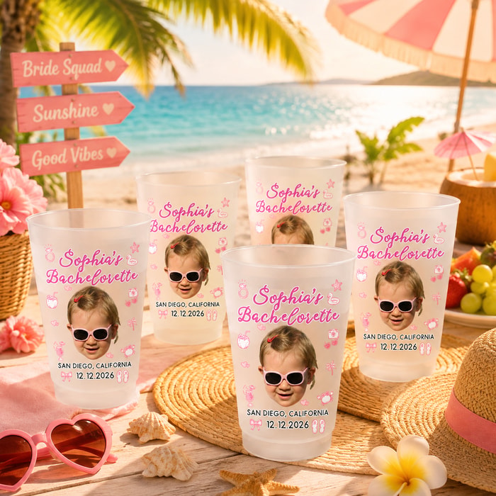 Personalized Face Cutout Bachelorette Party Frosted Cup, Custom Photo & Beach Theme Bachelorette Cup, Coastal Bridal Shower Drinkware
