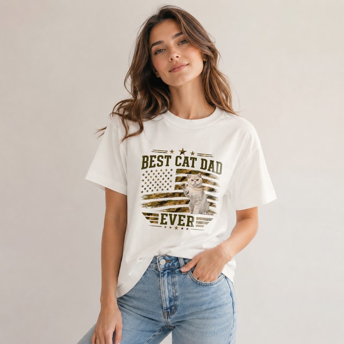 Personalized Classic Tee With Custom Photo Cat Art, Unique Gift For Dad & Cat Lovers