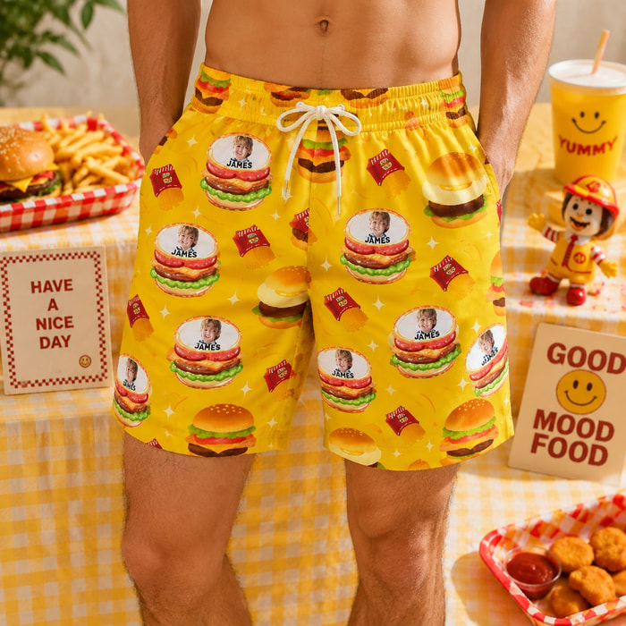Personalized "Burger Fast Food Yellow" Swim Shorts