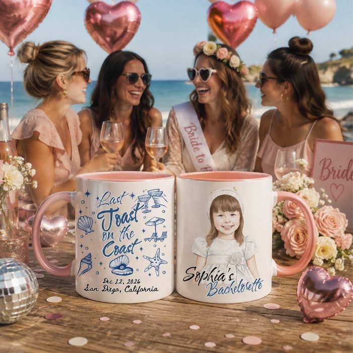 Personalized "Last Toast On The Coast" Custom Photo Ceramic Coffee Mug, Coastal Bachelorette Party & Bride Keepsake 11oz & 15oz