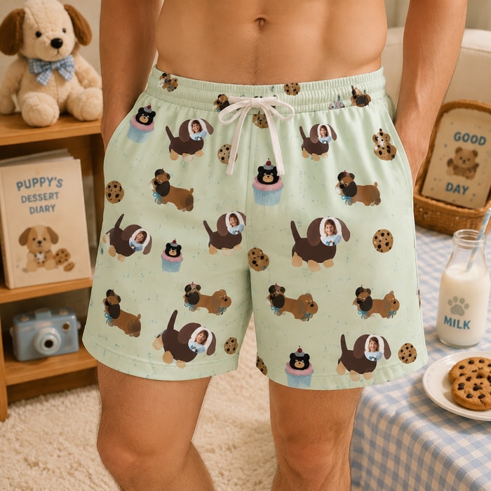 Personalized "Sweet Dachshund & Cupcake Mint" Swim Shorts