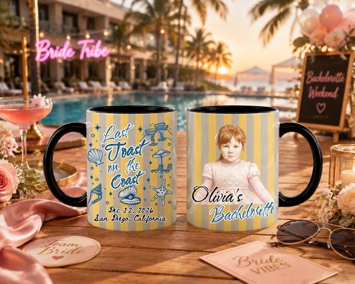 Personalized Striped "Last Toast On The Coast" Ceramic Coffee Mug, Coastal Bachelorette Party & Bride Keepsake 11oz & 15oz