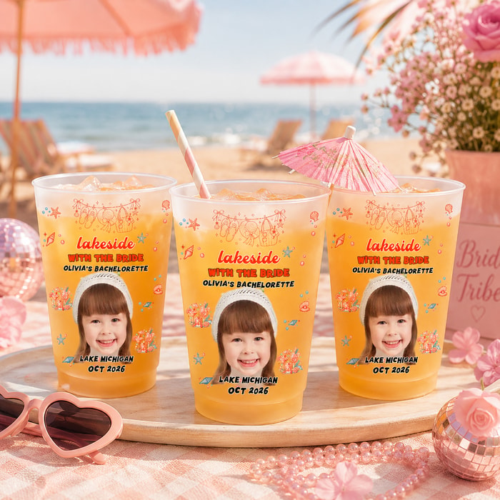 Custom Face Frosted Cups - Lakeside With The Bride Reusable Stadium Cups, Personalized Lake Bachelorette Party Drinkware