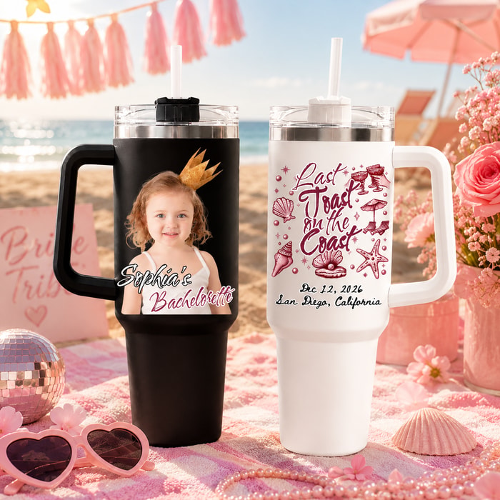 Custom 40oz Tumbler With Handle, Last Toast On The Coast Personalized Bachelorette Travel Tumbler & Beach Bach Drinkware